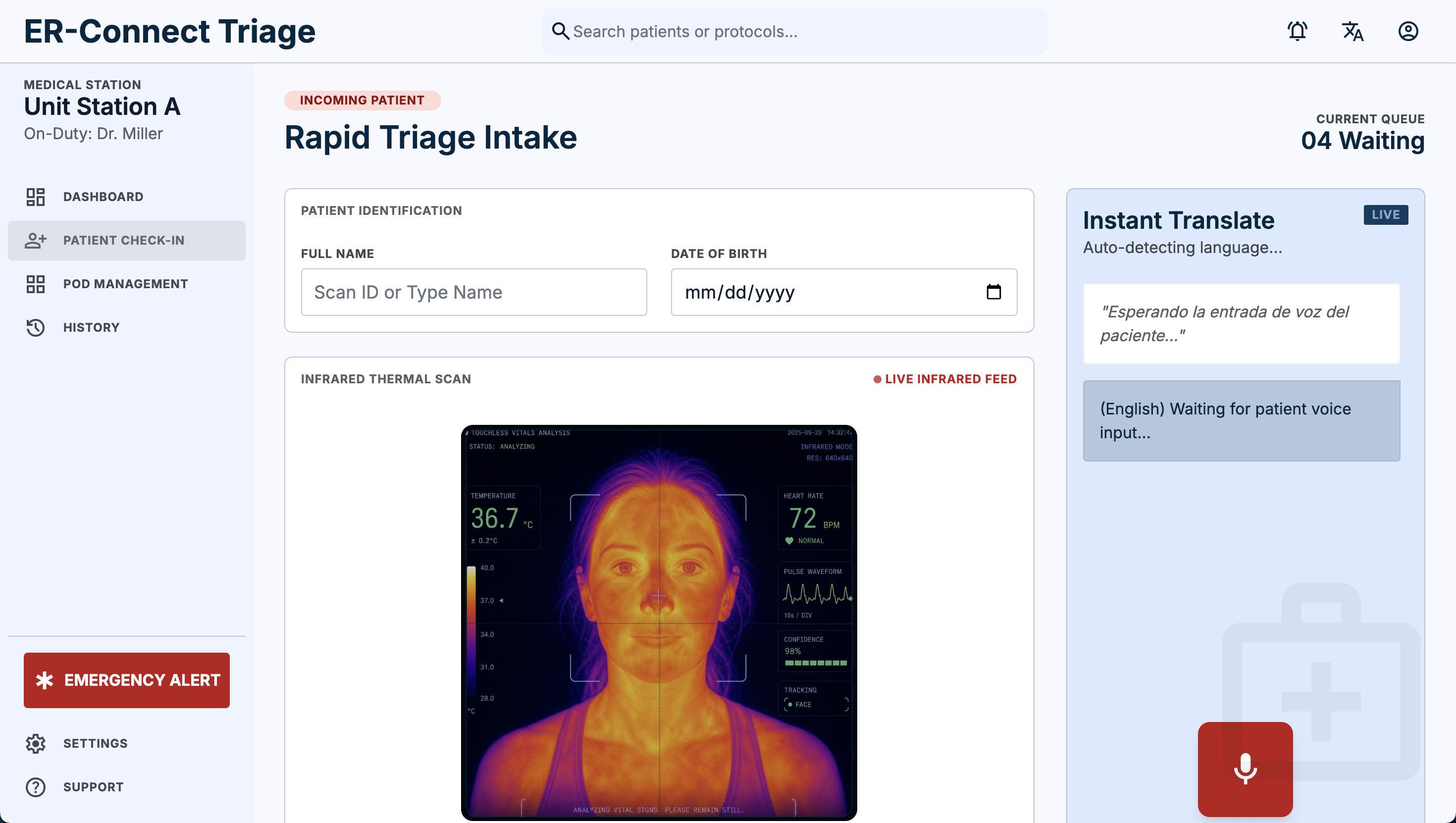 An emergency-department rapid-triage intake screen showing patient identification, an infrared thermal scan deriving heart rate and temperature vitals, and a real-time language-translation panel listening for patient voice input.