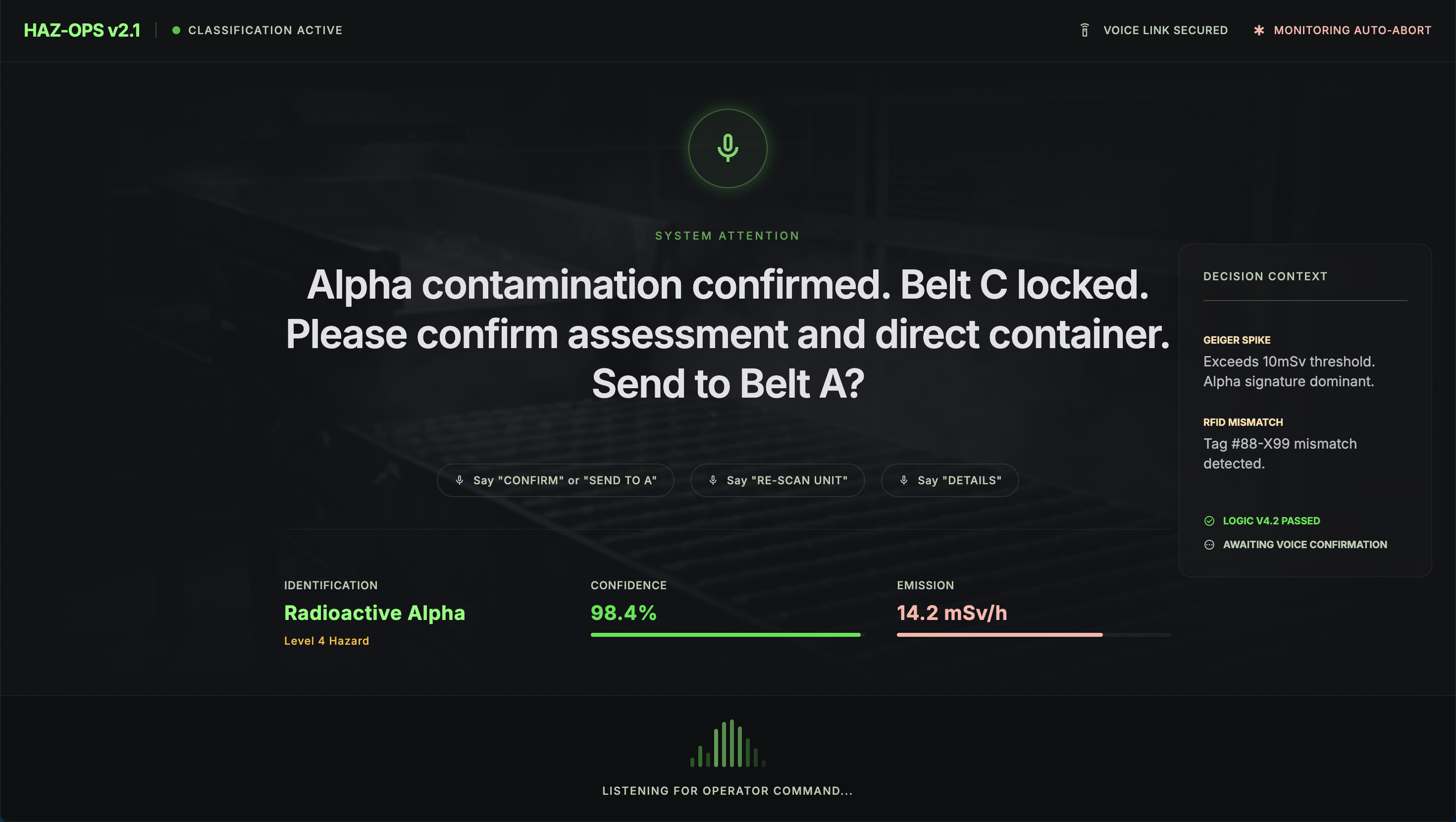 A voice-driven hazardous-materials classification interface - the system has flagged radioactive alpha contamination, locked conveyor belt C, and is asking the operator to confirm the assessment in their own vocabulary.